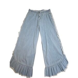 Womens Light Wash Ruffle Trim Wide Leg Chambray Denim Boho Pants Blue Size 14